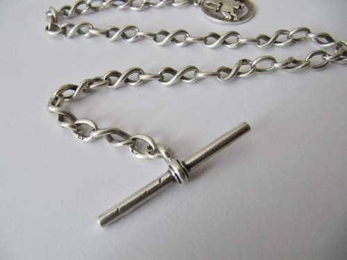 Antique Sterling Silver Fob Chain with T-Bar and Medal