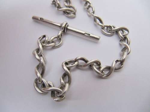 Antique Sterling Silver Fob Chain with T-Bar and Medal