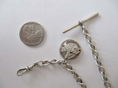 Antique Sterling Silver Fob Chain with T-Bar and Medal