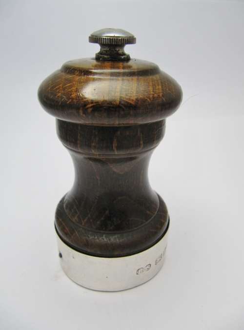 Vintage Silver Rimmed Wooden Pepper Grinder