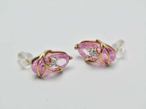 Pair of 9ct Gold and Sparkling Pink Stone Earrings
