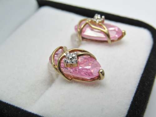 Pair of 9ct Gold and Sparkling Pink Stone Earrings