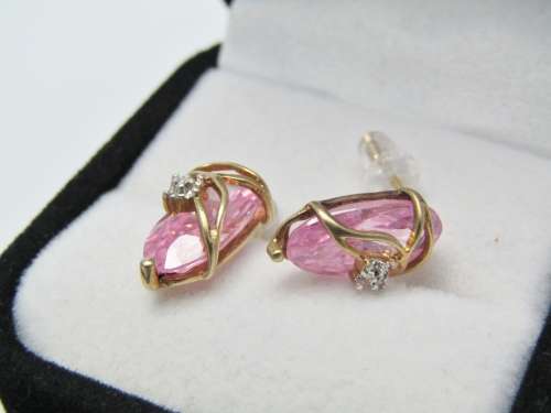 Pair of 9ct Gold and Sparkling Pink Stone Earrings