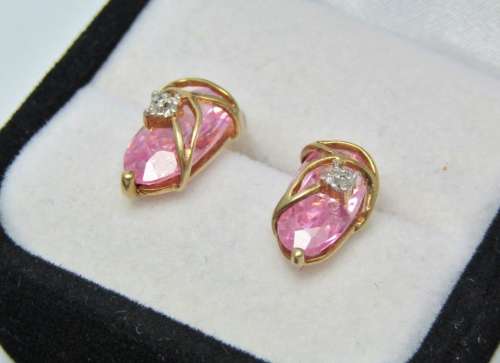 Pair of 9ct Gold and Sparkling Pink Stone Earrings