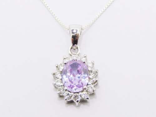 An Elegant Lilac Zirconia Pendant on Chain in Sterling Silver.