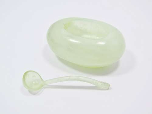 Vintage Jadeite Carved Salt Cellar with Spoon