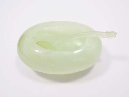 Vintage Jadeite Carved Salt Cellar with Spoon