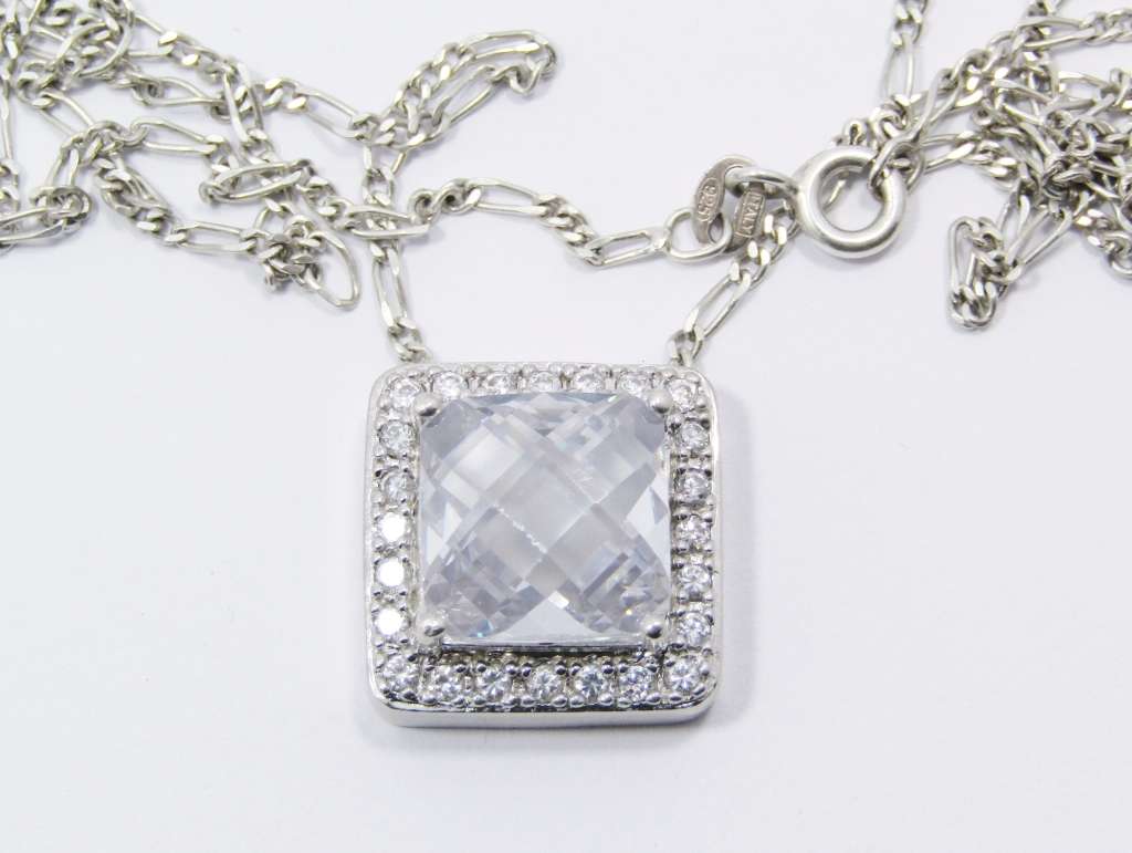 Lovely Square Zirconia Pendant On Chain in Sterling Silver