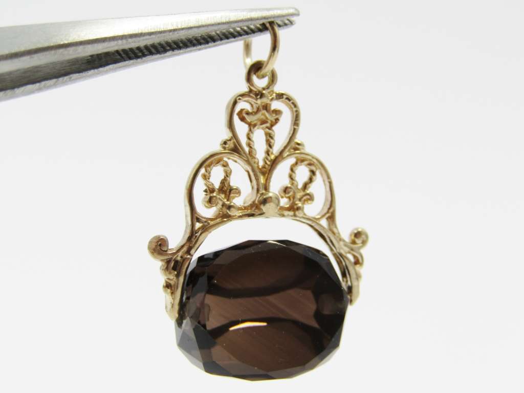 Vintage 9CT Gold Smoky Quartz Spinning Fob Seal Pendant