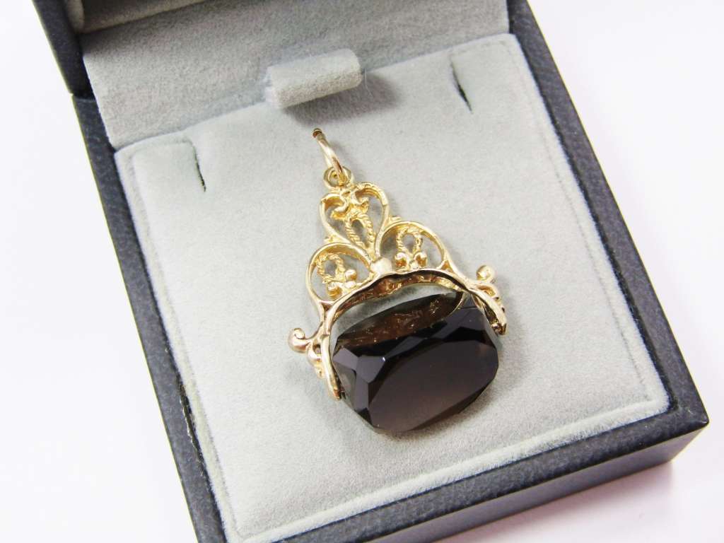 Vintage 9CT Gold Smoky Quartz Spinning Fob Seal Pendant