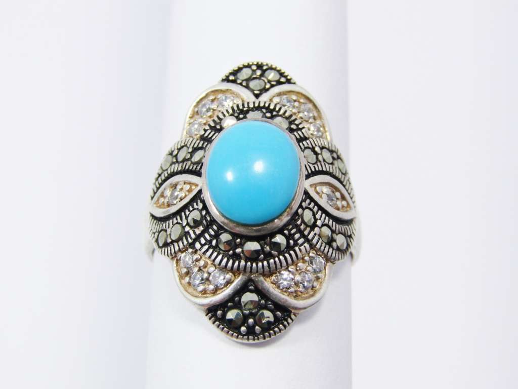 A Stunning Blue Stone Marcasite Ring in Sterling Silver