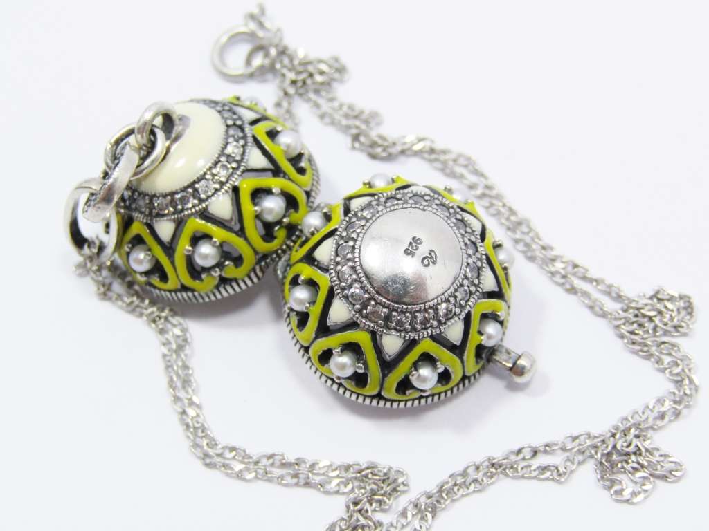 An Amazing  Ornate Ball Locket Surrounded With Enamel Heart Inlay and tiny Seed Pearls on Chain in