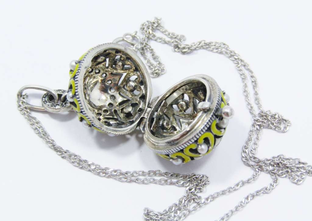 An Amazing  Ornate Ball Locket Surrounded With Enamel Heart Inlay and tiny Seed Pearls on Chain in
