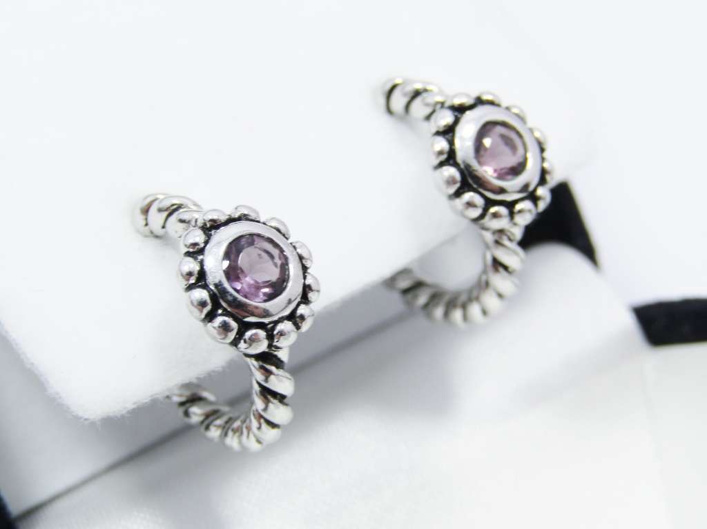 A Lovely Pair of Rope Design Earrings with an Amethyst Stone in Sterling Silver.