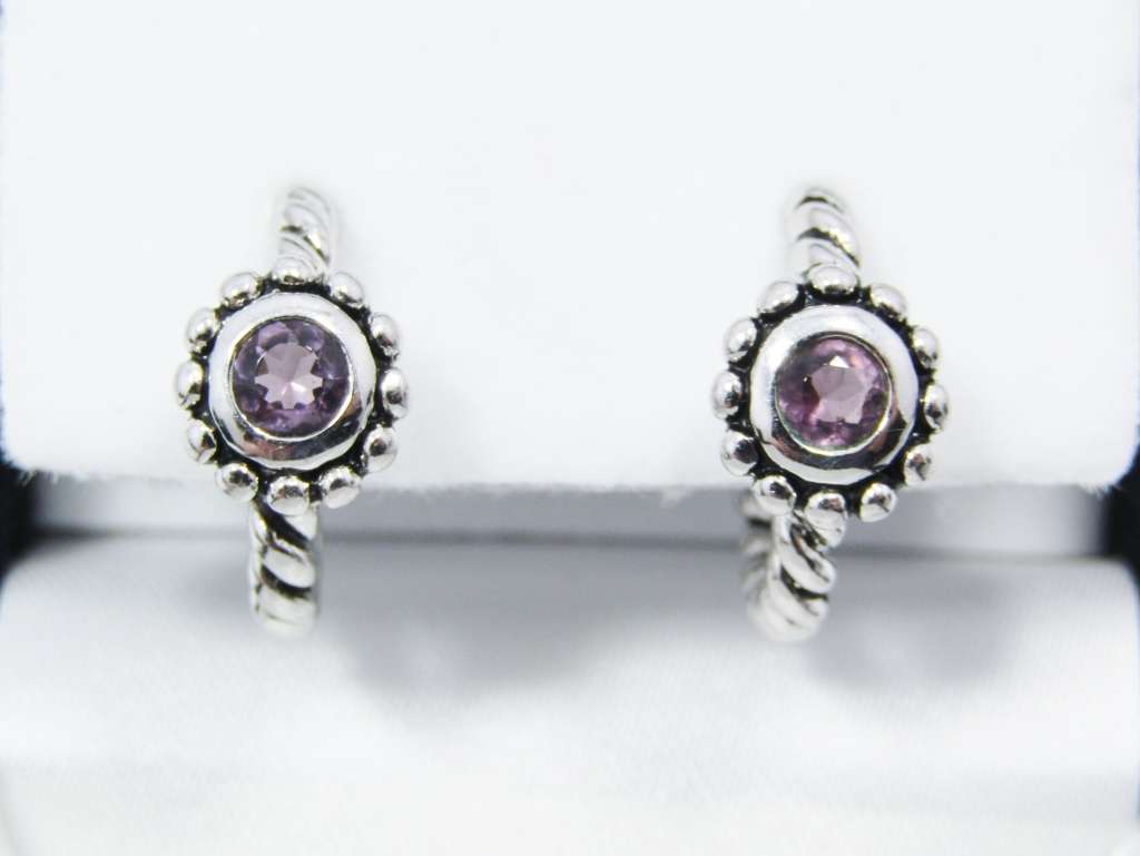 A Lovely Pair of Rope Design Earrings with an Amethyst Stone in Sterling Silver.