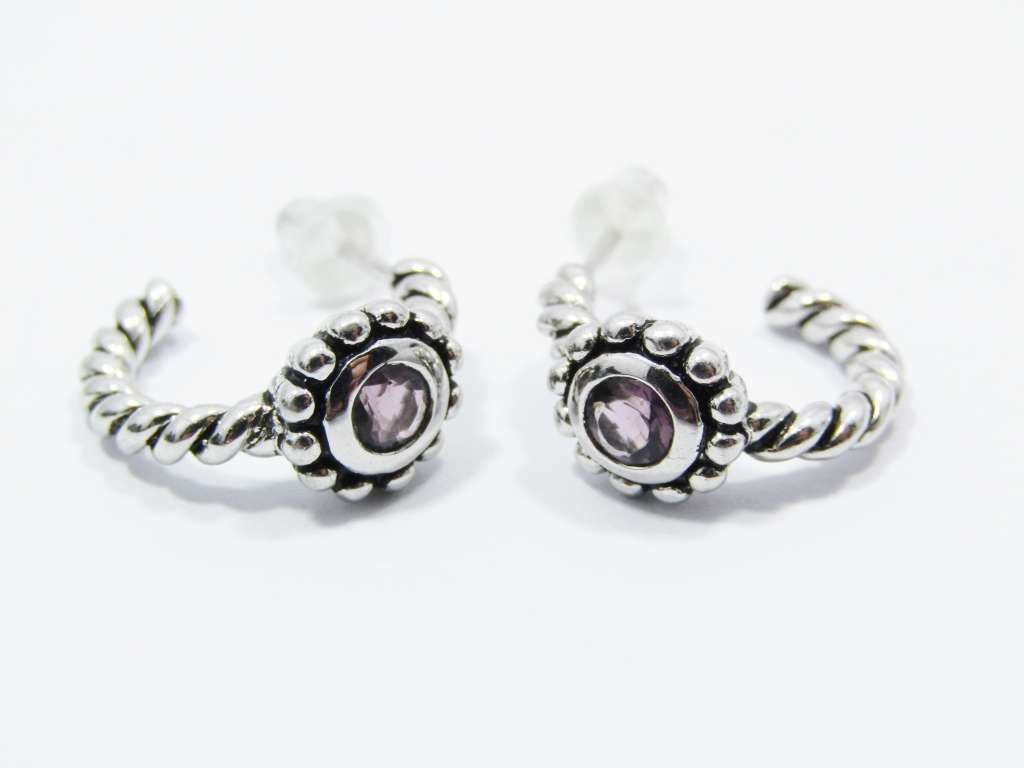 A Lovely Pair of Rope Design Earrings with an Amethyst Stone in Sterling Silver.