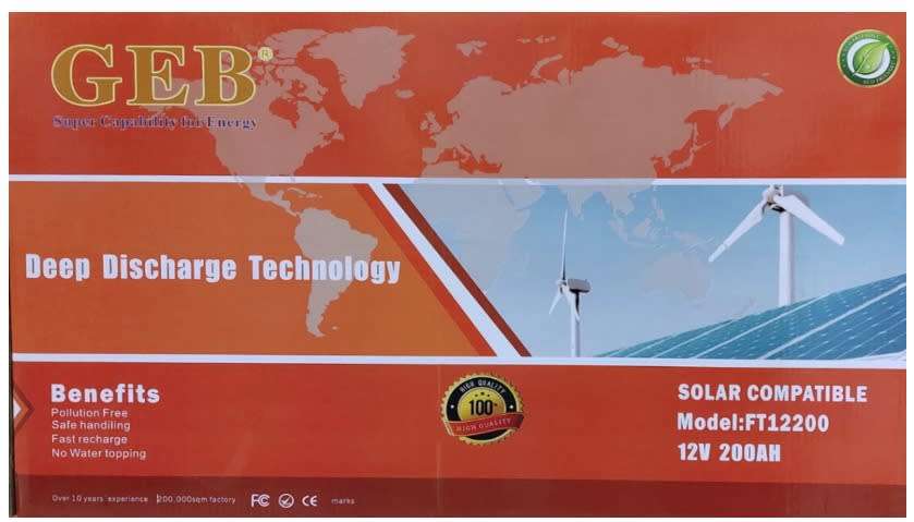 GEB 12V 200AH Fast recharge Solar Gel Battery- Slimline