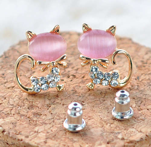 CUTE OPAL PINK LITTLE KITTEN EAR RINGS STUDS