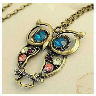 HOLLOW CARVED ANTIQUE STYLE RHINESTONE BIG EYE OWL NECKLACE WITH LONG CHAIN