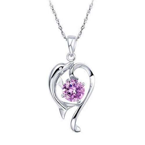 SILVER PLATED ROMANTIC DOLPHIN HEART SHAPE CRYSTAL NECKLACE 18 CM