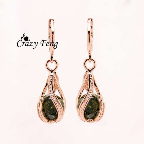 GOLD PLATED CZ GREEN DANGLE DROP EARRINGS GREEN