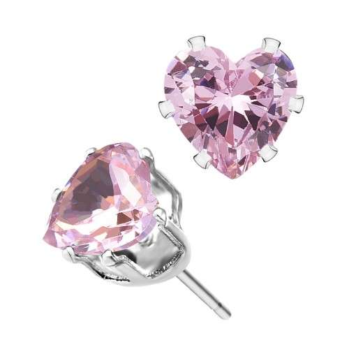 6MM PLATED SILVER CRYSTAL STUD EAR RINGS PINK HEARTS