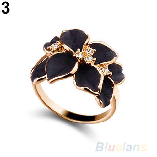 GOLD PLATED BLACK CRYSTAL FLOWER RING UK SIZE 9