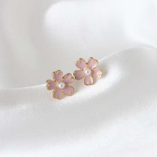 PINK IMITATION PEARL ENAMEL FLOWER STUDS
