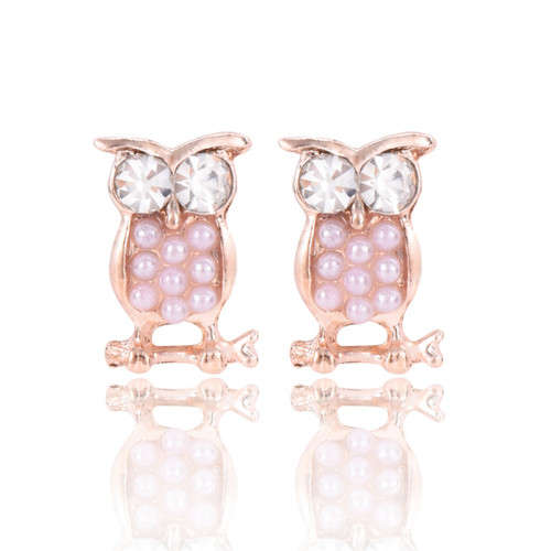 SMALL ROSE GOLD PLATED OWL STUD WITH SIMULATED PEARLS