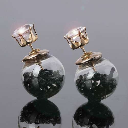BLACK AROS BOUCLE D`OREILLE DOUBLE PEARL GLASS STUDS GOLD PLATED