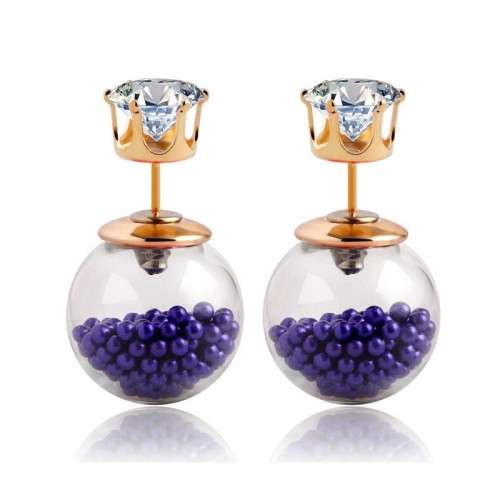 BLUE AROS BOUCLE D'OREILLE DOUBLE PEARL GLASS STUDS GOLD PLATED