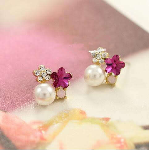 CUTE ELEGANT GOLD PLATED GILDED CRYSTAL RHINESTONE PLUM STUDS