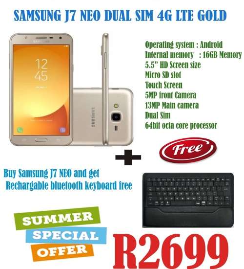 SAMSUNG Galaxy J7 Neo Dual Sim Gold + Free Rechargable Bluetooth Key Board