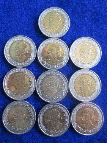 10 X 2008 Mandela 90th Birthday R5 coins.  Circulated.