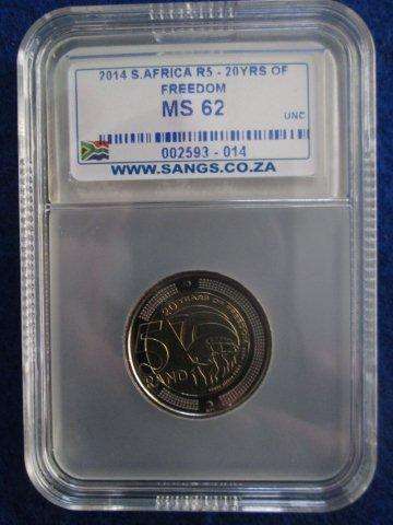2014 Mandela 20 Years of Freedom R5.   MS 62.  Sangs Graded.