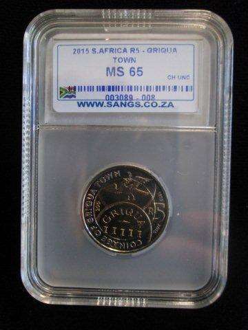COINAGE OF GRIQUA TOWN - R5 ( 2015 )  MS 65 - SANGS Graded.  Serial numbers may differ.