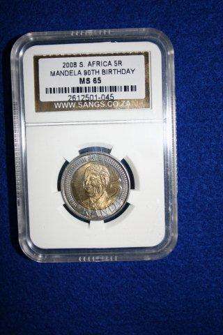MS 65 - 2008 MANDELA 90TH BIRTHDAY R5 COIN -  SANGS GRADED.