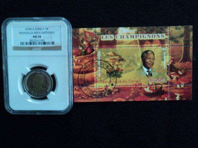 2008 Mandela Birthday R5 AU58 + Mini Stamp sheet. CTO - MNH. Mandela 2009 Congo.