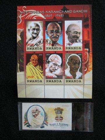 2009 Rwanda mini-sheet of 6 stamps of Mochandas Gandhi precanceled MNH  + Topps card.