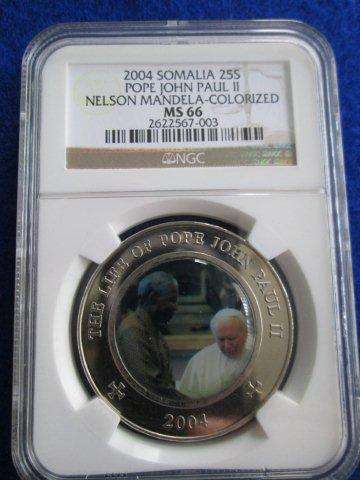 MS 66 NGC Grading - Pope and Mandela 2004 Somalia 25 shillings. Colorized.