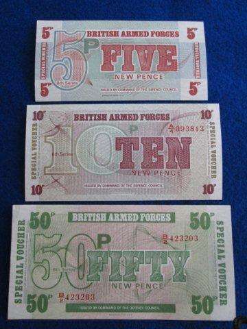 British Armed Forces - Special Vouchers. 5, 10, & 50 new pence. UNC.
