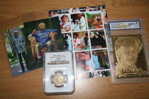 Beautifull Mandela - Diana Combo set.  AU 58 90th Birthday 5R.  23 Karat Diana Gold Card + Stamps.