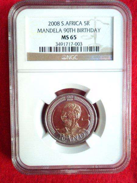 MS65 - Mandela 90th Birthday R5. NGC Graded + 2 Mandela 90th Birthday stamps.