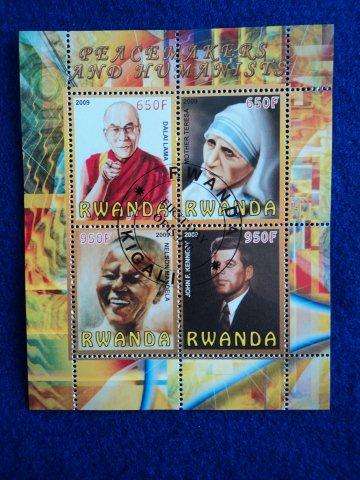 RWANDA 2009 4 STAMPS - DALAI LAMA, NELSON MANDELA, MOTHER THERESA, J. KENNEDY.  CTO.