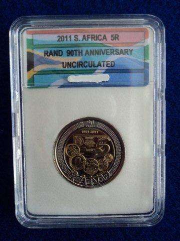 2011 - 90TH ANNIVERSARY OF THE SARB R5 COIN IN SLAB FROM BAG OF 400.  (UNCIRCULATED).