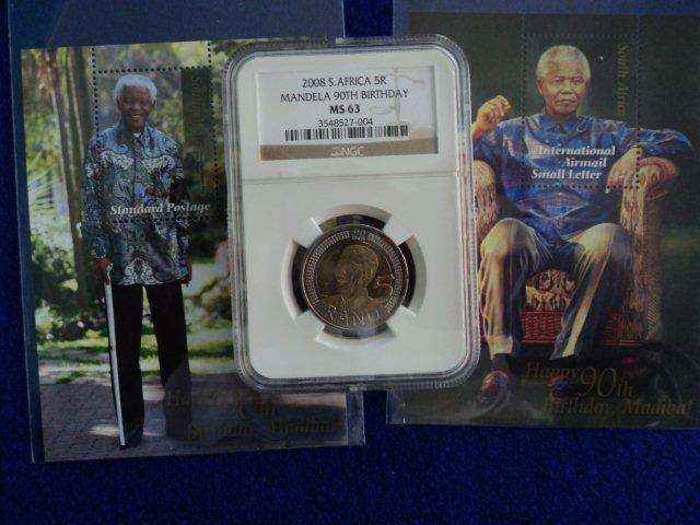 MANDELA 90TH BIRTHDAY NGC MS 63  R5 + 2 MANDELA 90th BIRTHDAY STAMPS.