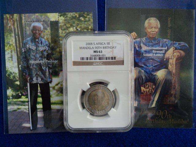 1 x MANDELA 90TH BIRTHDAY NGC MS 63  R5 + 2 MANDELA 90th BIRTHDAY STAMPS.