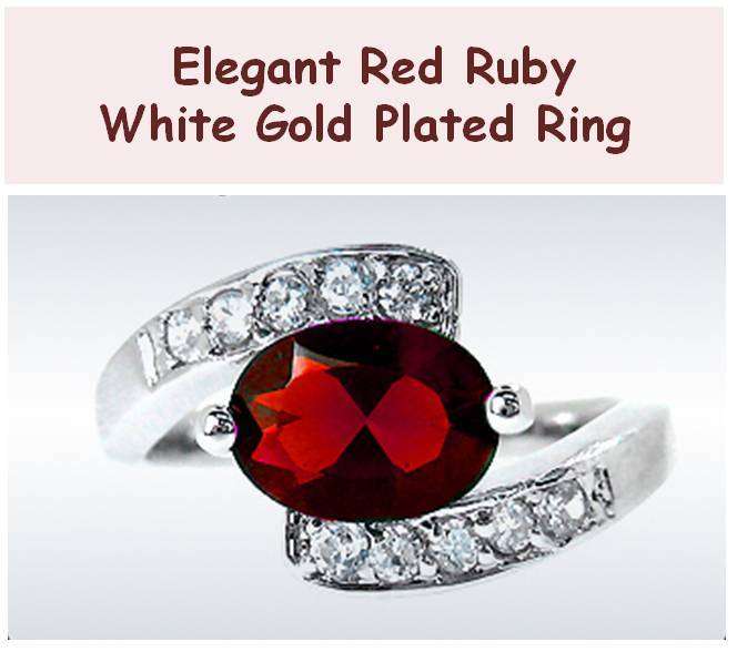 Elegant 18K White Gold Plated Created Red Ruby Ladies Ring