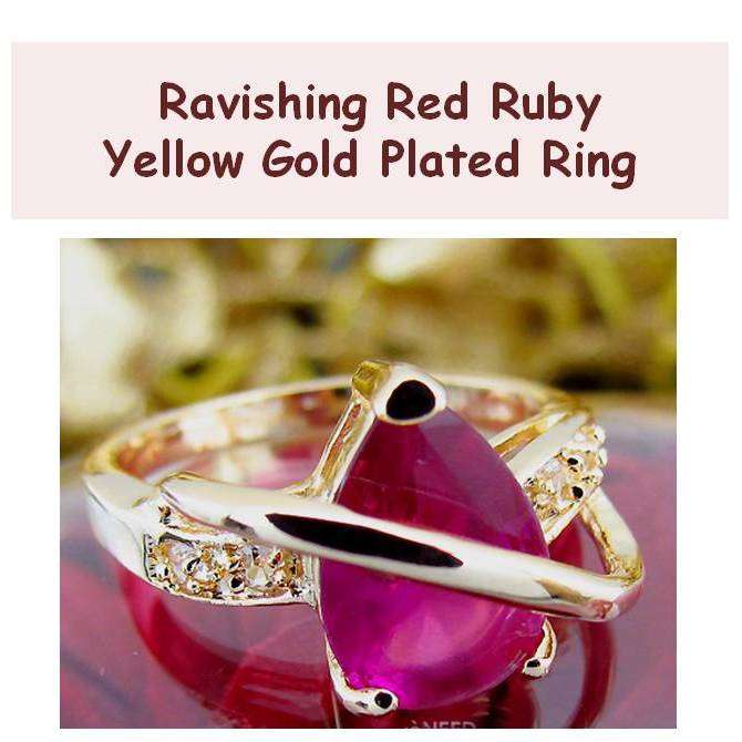 Ravishing 18K Yellow Gold Plated Created Red Ruby Ladies Ring