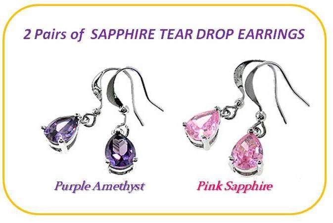 ABSOLUTE BARGAIN! 2 Pairs Pink Sapphire & Purple Amethyst Tear Drop 18K Gold Plated Earrings